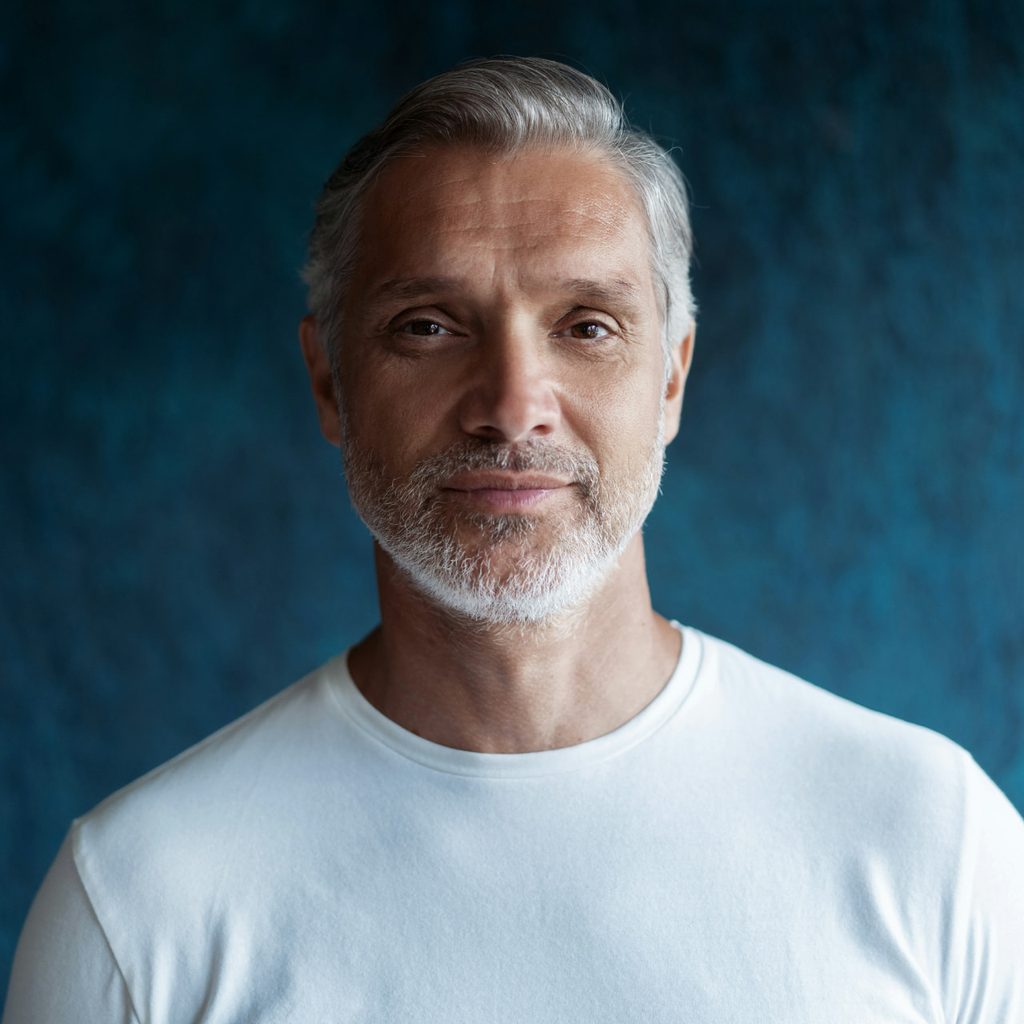 Grey-haired man in his fifties portrait against a deep teal backdrop