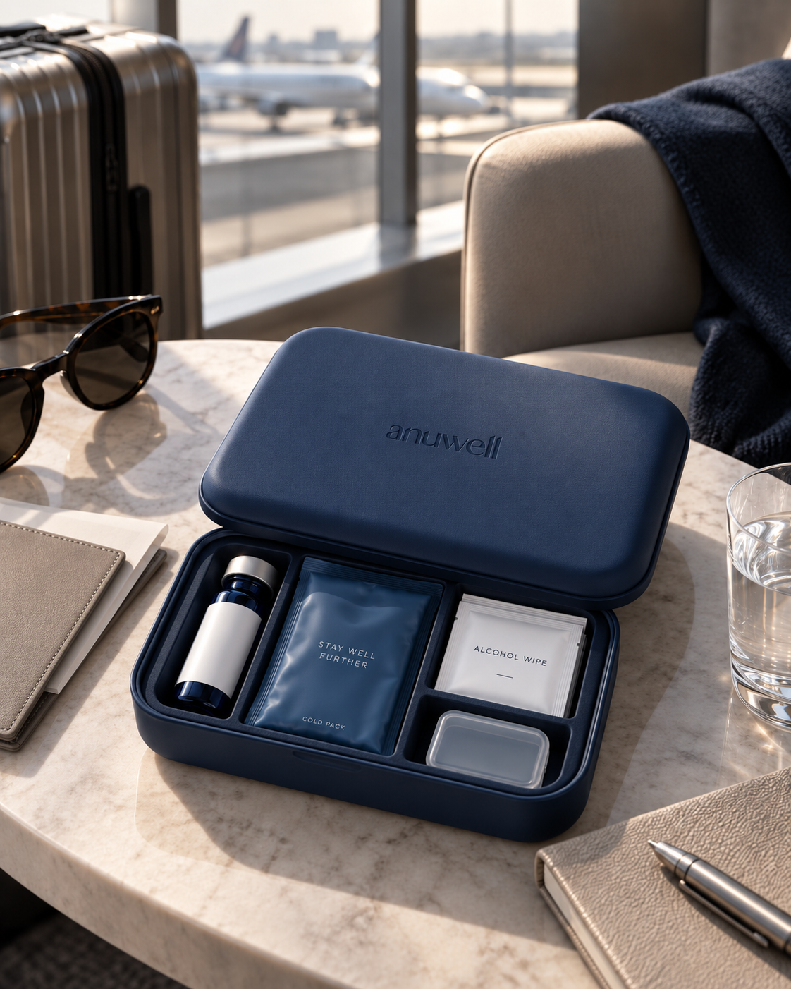 A matte navy ANUWELL medication travel case open on a table, holding a vial, a cold pack and alcohol wipes.