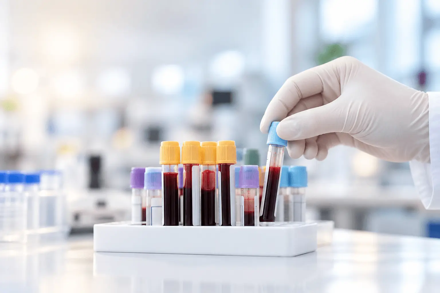 Gloved hand inspecting lab results