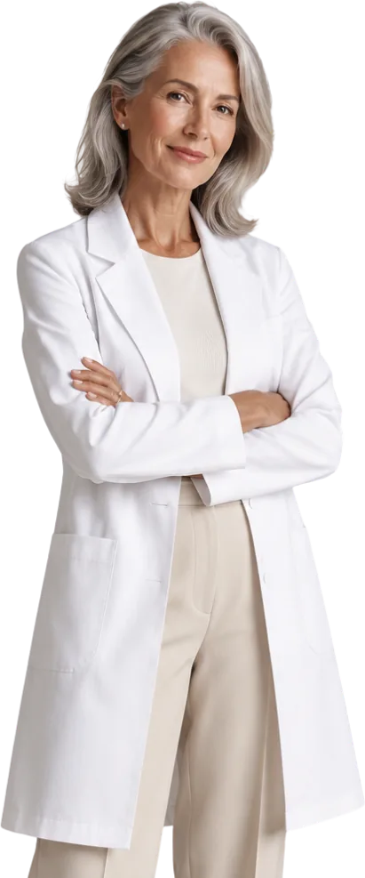 Silver-haired female doctor in a white coat, arms folded